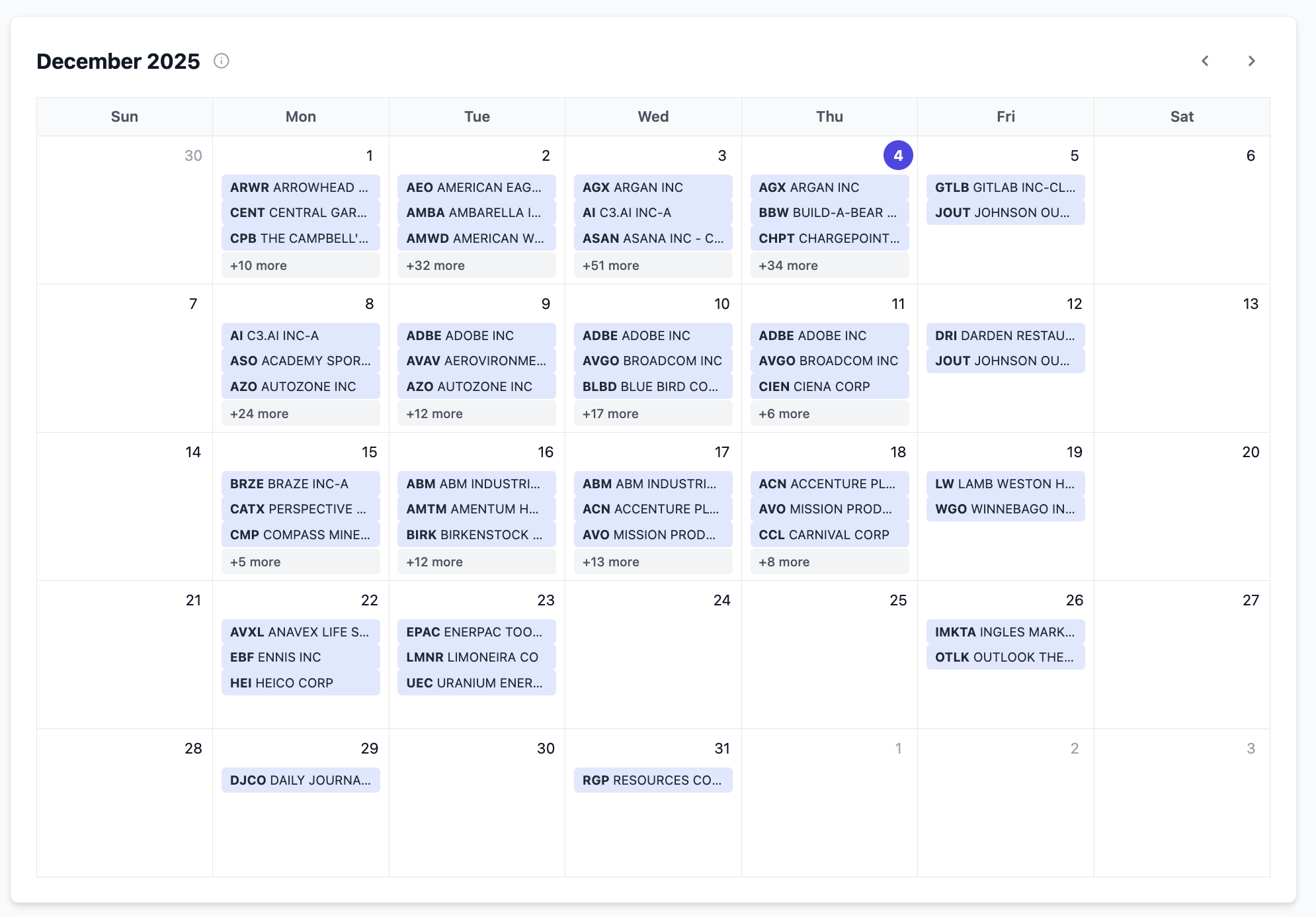 Earnings Rosetta Calendar View - Earnings Call Calendar Screenshot