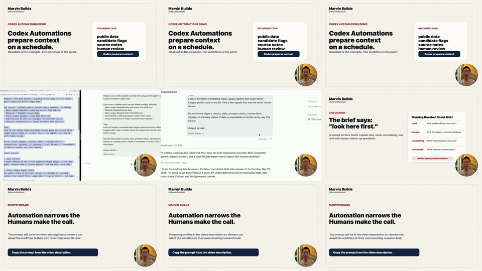 Key frames from the Codex Automations baseball research workflow