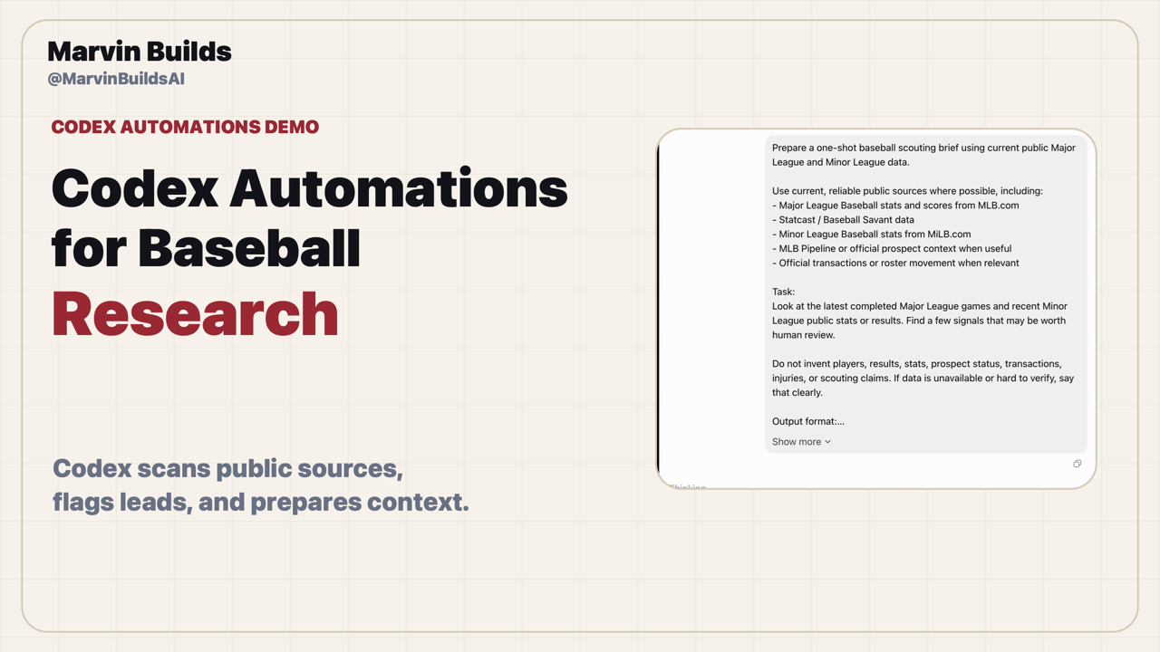 YouTube thumbnail for Codex Automations baseball research workflow