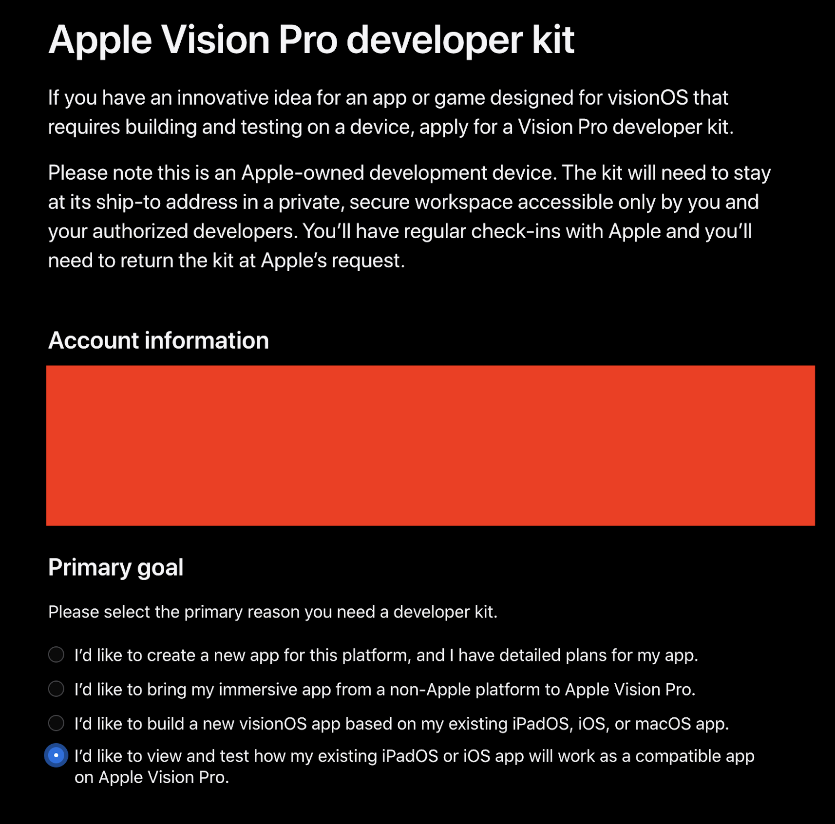 visionPro developer kit apply